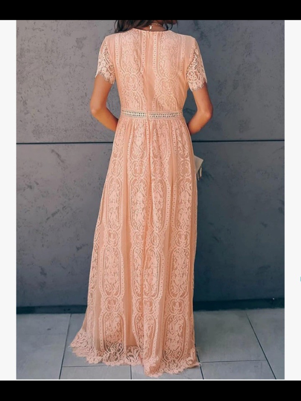 Peach Blush Lace Maxi Dress with Crochet Trim - Picture 3 of 6